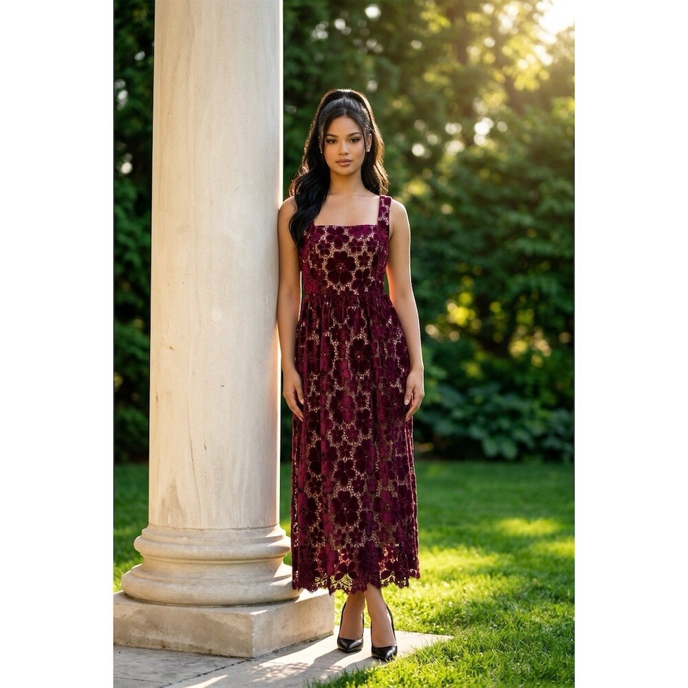 Just Me Dress Womens Size L Burgundy Velvet Floral Lace Maxi Square Neck